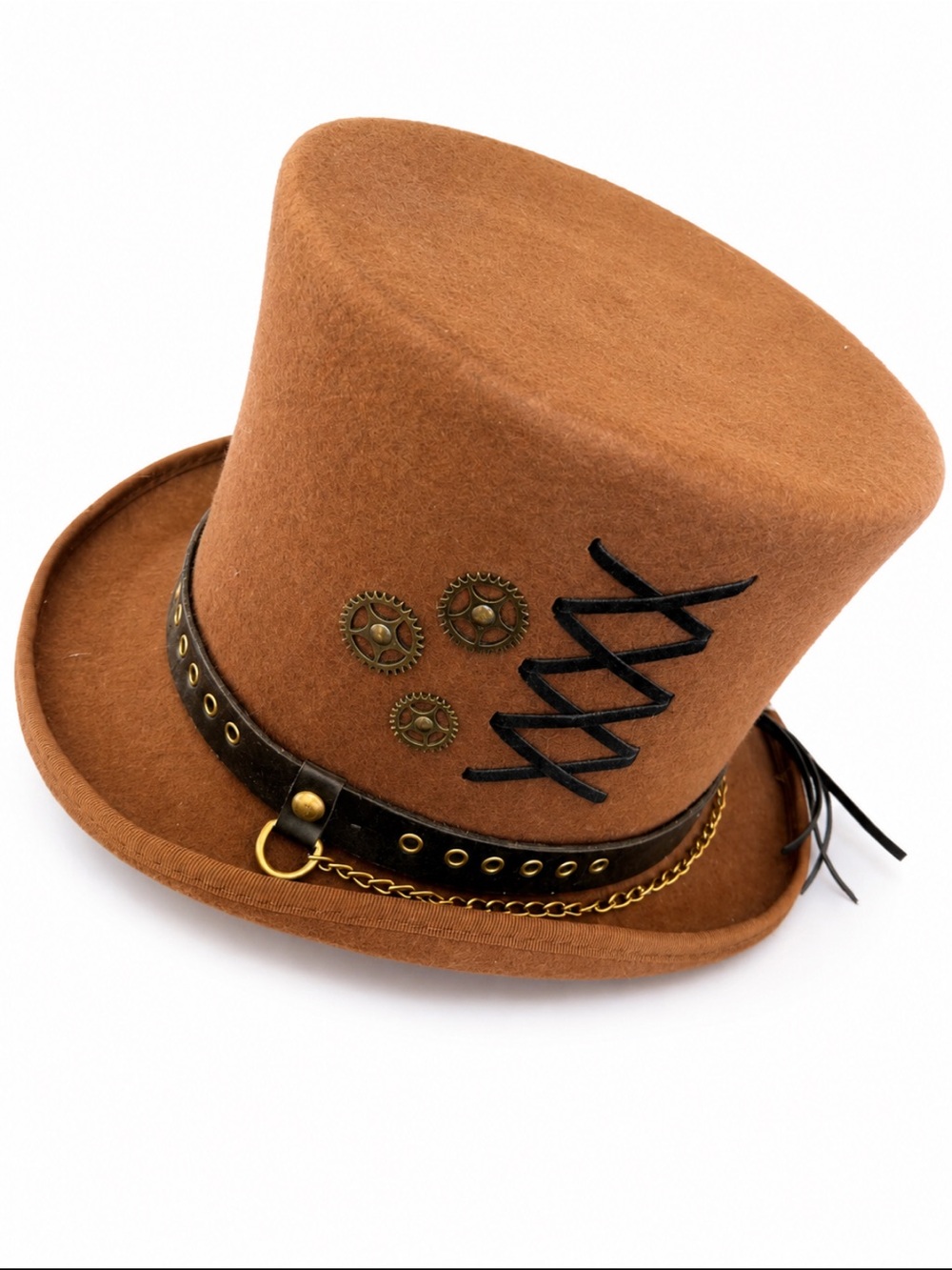 100% Wool Steampunk Top Hat Brown Victorian Gothic Gear Chain Large
